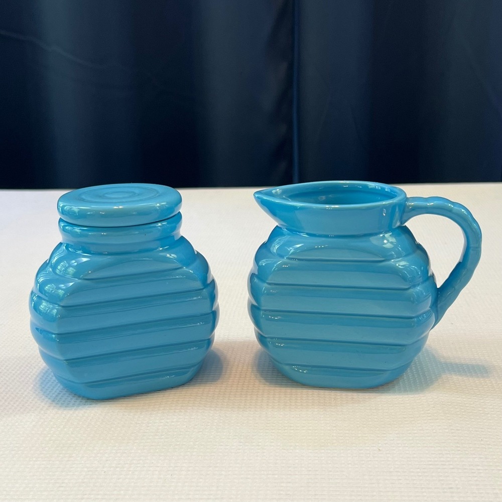 Alco Industries Turquoise Blue Beehive Cream & Sugar Set Ceramic Ribbed Cottage